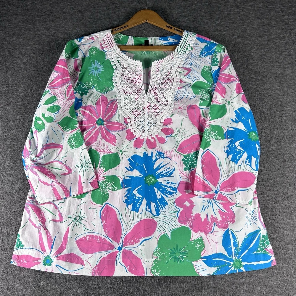 Talbots‎ Cotton Popover Top XL Petite Floral Lightweight Coastal Resort Beach
